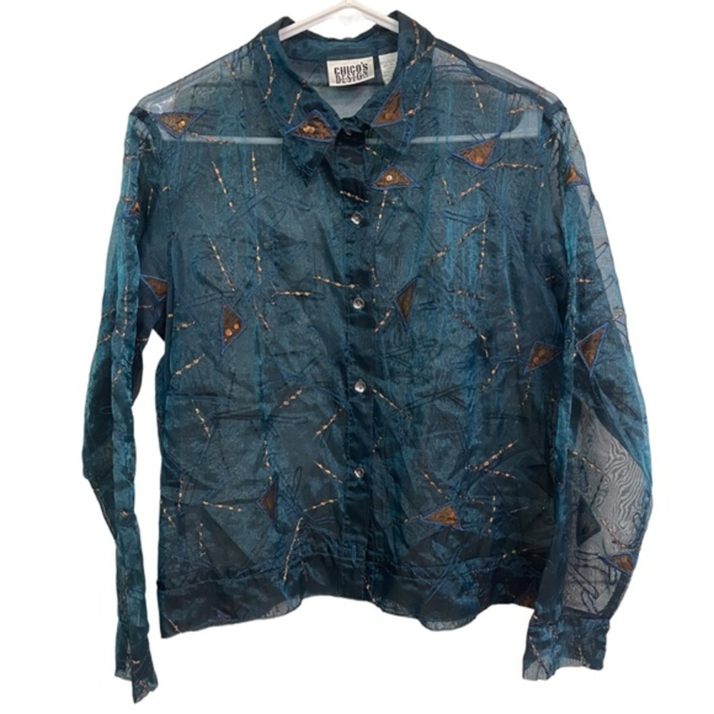 CHICOS Sheer Shirt Teal Copper Embroidery Size 1/Small